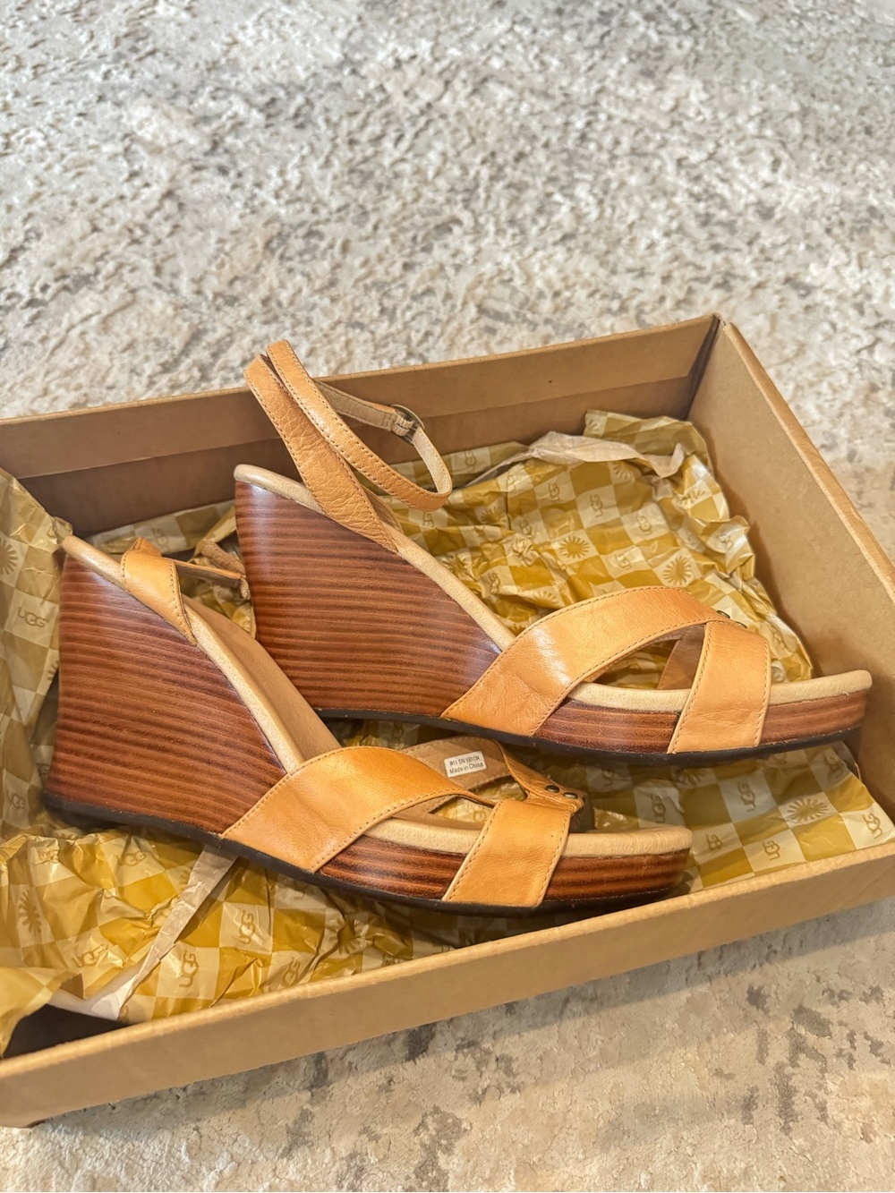 UGG Tan Leather Wedge Sandals with Ankle Strap